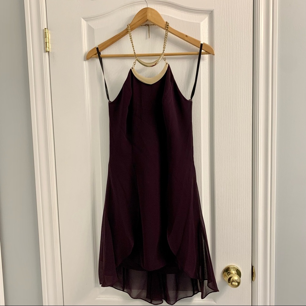 Marciano Plum Dress with Gold Neck Piece. Size Small.